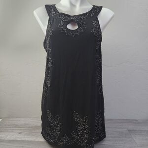 Lauren Michelle Black Top Size L Embroidered Floral Swirl Keyhole Boat‎ Neckline